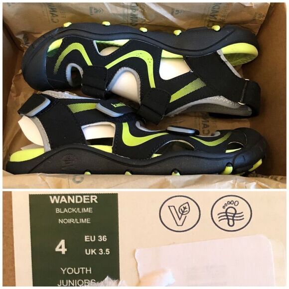 KAMIK - NWTIB - Youth Sz 36 (4) "Wander" Sandal in Black/Lime. Vegan & Washable! - Picture 4 of 16